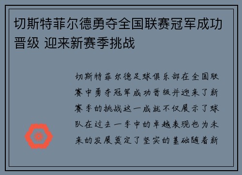 切斯特菲尔德勇夺全国联赛冠军成功晋级 迎来新赛季挑战 切斯特菲尔德勇夺全国联赛冠军成功晋级 迎来新赛季挑战